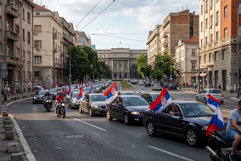 Organizația „Patrula Populară” a organizat la Belgrad un marș auto pro-Rusia Organizația „Patrula Populară” a organizat la Belgrad un marș auto pro-Rusia