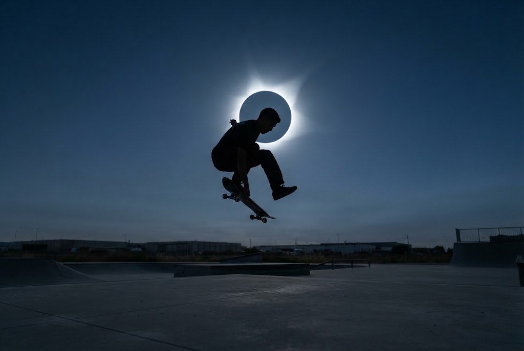 Skateboardistul spaniol Danny León a executat un truc în timpul eclipsei